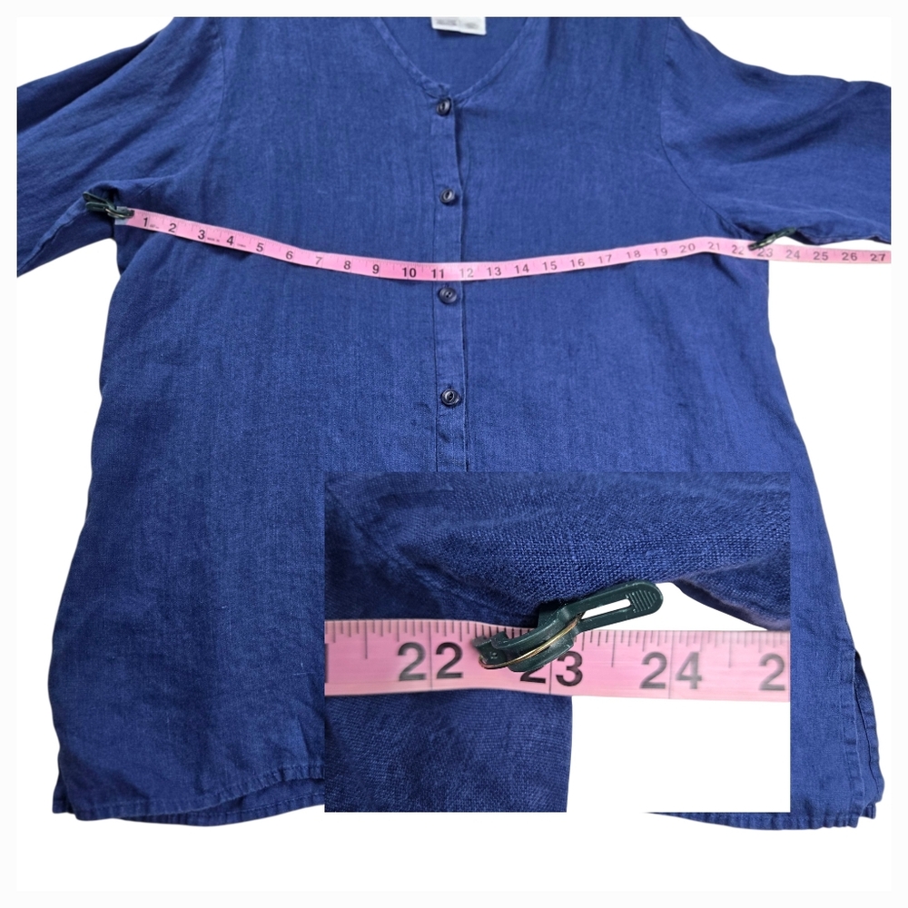 FLAX Medium Blue 100% Linen‎ V-Neck Button-Front Long Oversized Tunic Top - Picture 12 of 16